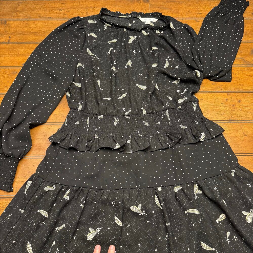 POPSUGAR Celestial Shooting Star Smocked Mini Dress Black Polka Dot Womens Large
